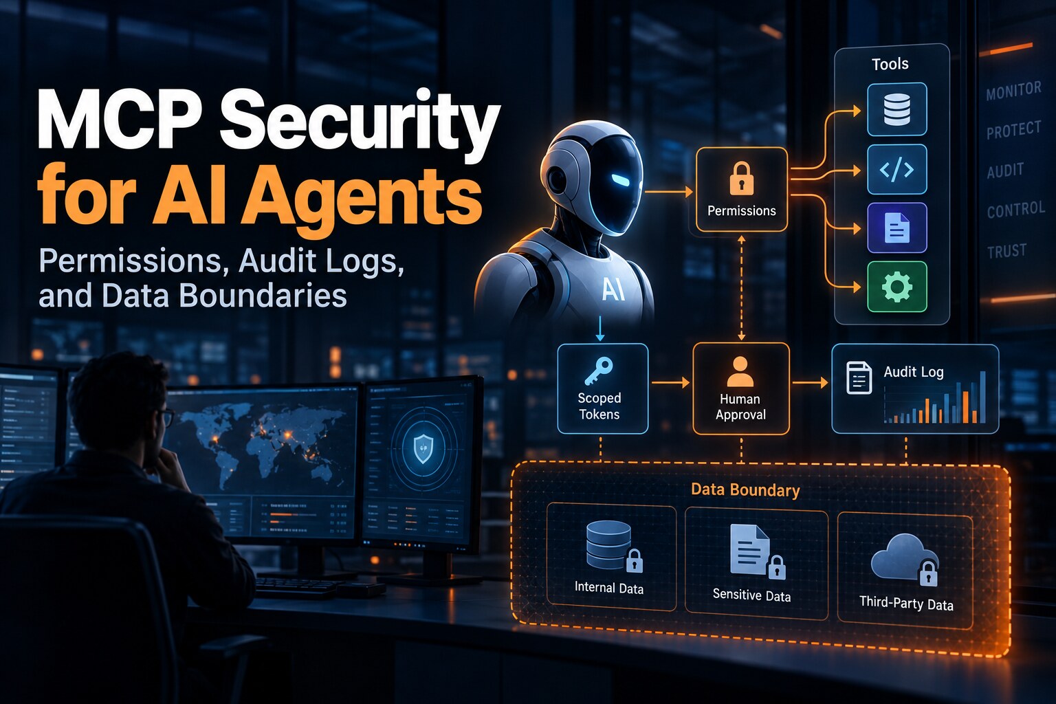 MCP security architecture for AI agents with scoped tokens, permissions, human approval, audit logs, and protected data boundaries.