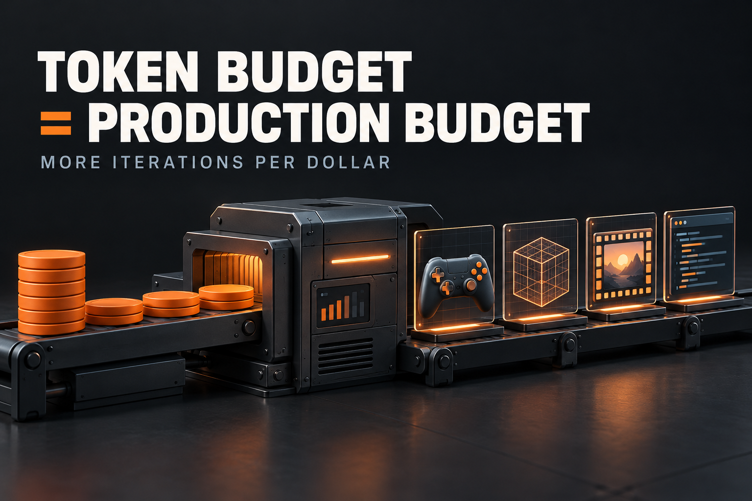 AI token budget flowing through a production line into game, 3D, video and code artifacts